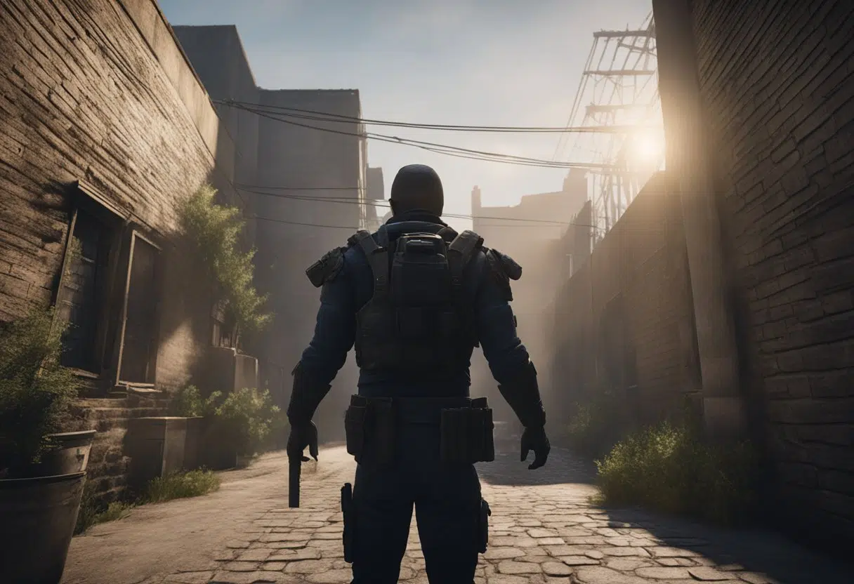 A figure stands with arms raised in defense, facing an aggressor. The setting is a dimly lit alleyway, with shadows cast across the walls